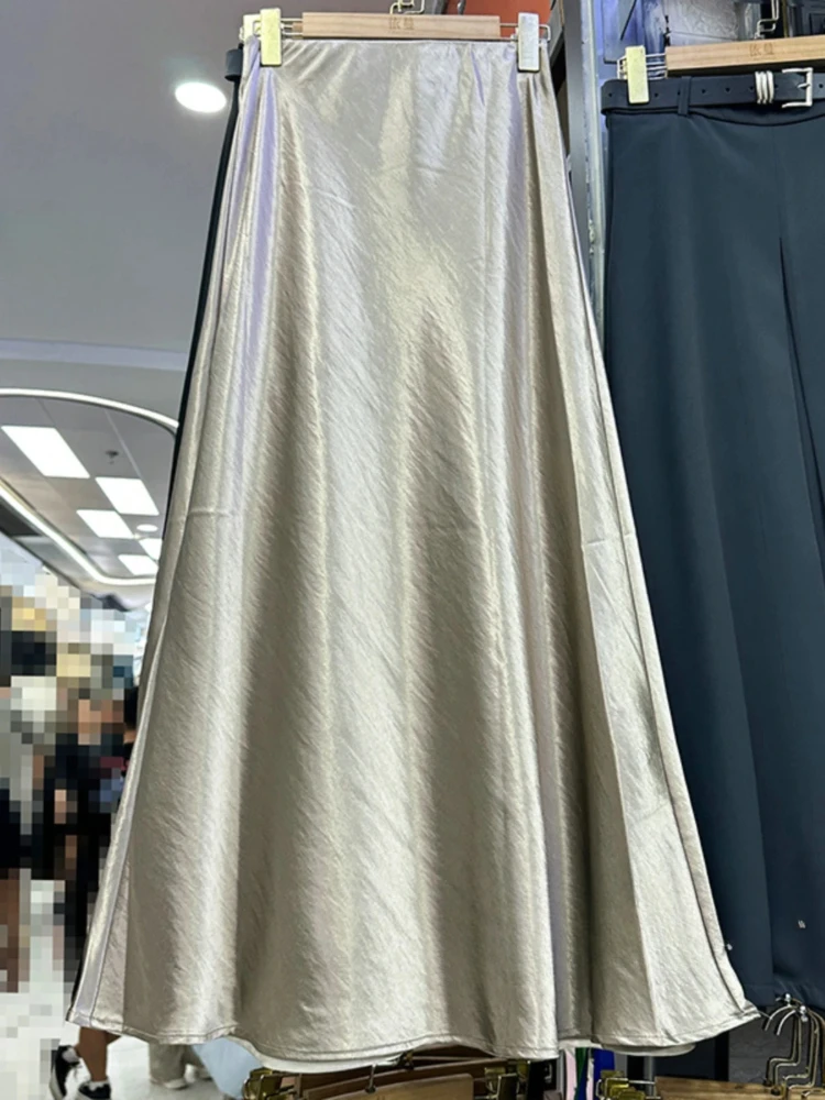 Elastic Waist Solid Silk Women's A-line Skirt Spring Summer Acetic Satin Long Skirts Elegant Purple Fishtail Skirt for Women