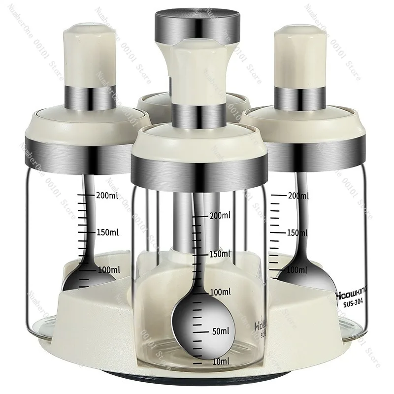 Rotating Glass Spice Jar Set, Integrated Spoon and Lid Seasoning Jar, Salt and Pepper Storage, Kitchen Spice Bottles