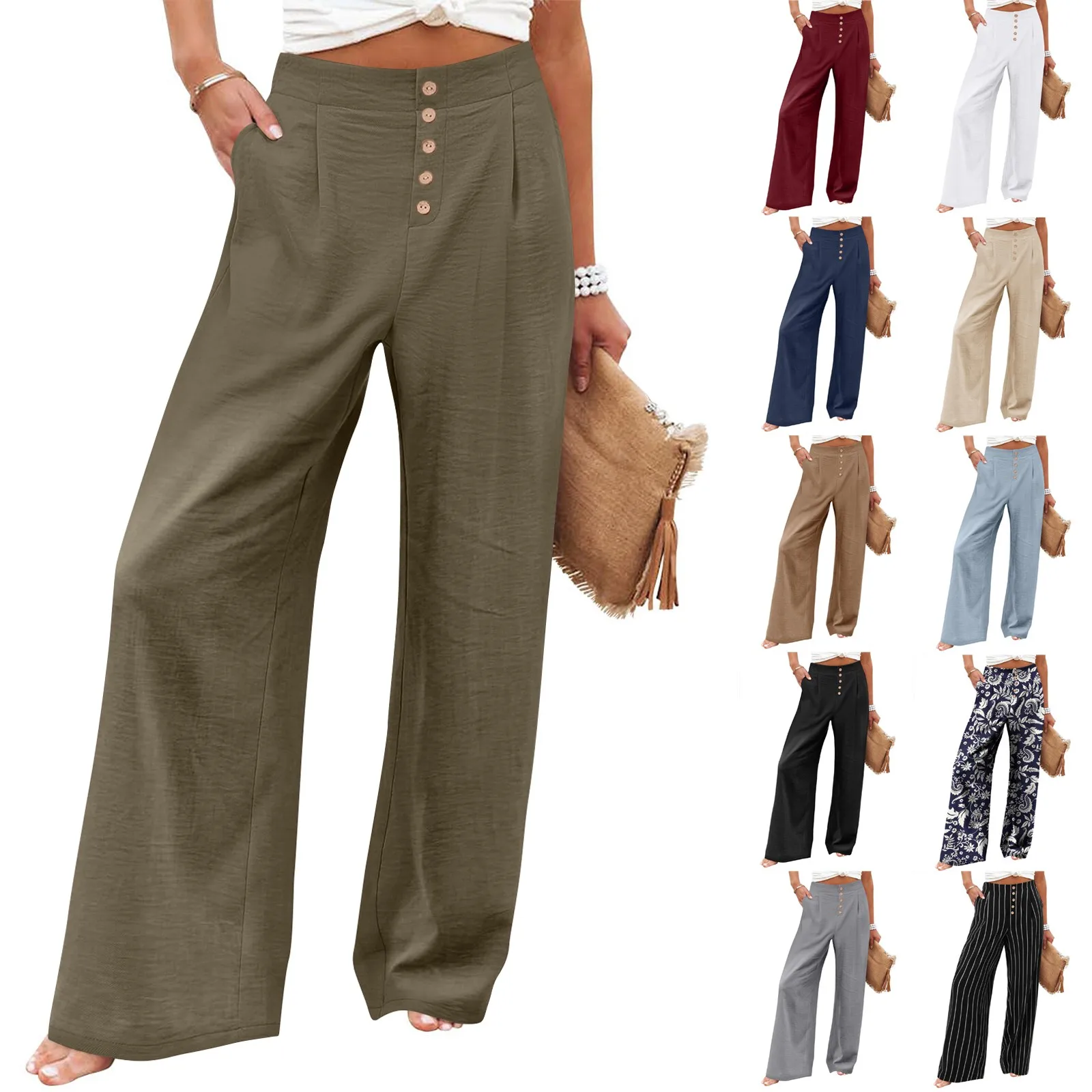 New Vintage Linen Elastic Waist Wide Leg Pants Women Long Trousers Summer Solid Color Casual Loose Pants Female Boho Clothes