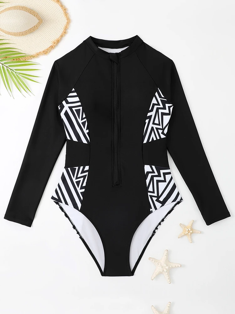 One Piece Swimsuit Women 2024 New Print Patchwork Bodysuit Sexy Zipper Long Sleeves Swimwear Summer Beach Bathing Suit Female