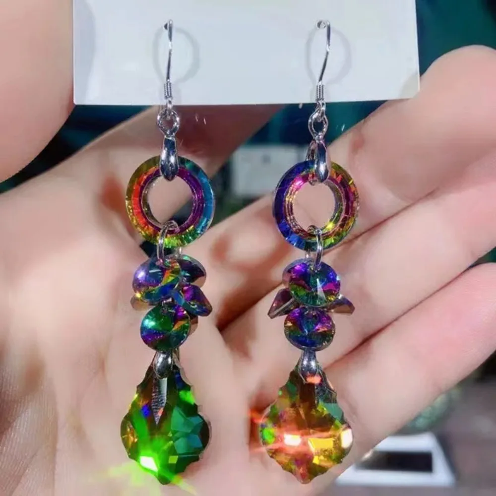 New Colorful Purple Crystal Flower Dangle Drop Earrings for Women Trend Korea Fashion Luxury Wedding Party Banquet Jewelry