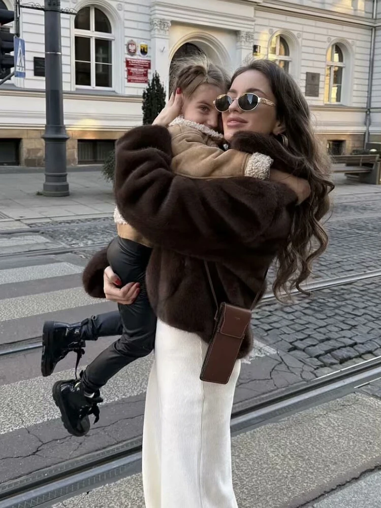 レディースファッション人工毛皮ブラウンコート冬用ゆったり保温通勤ショートコートラペル付き長袖カジュアルコート