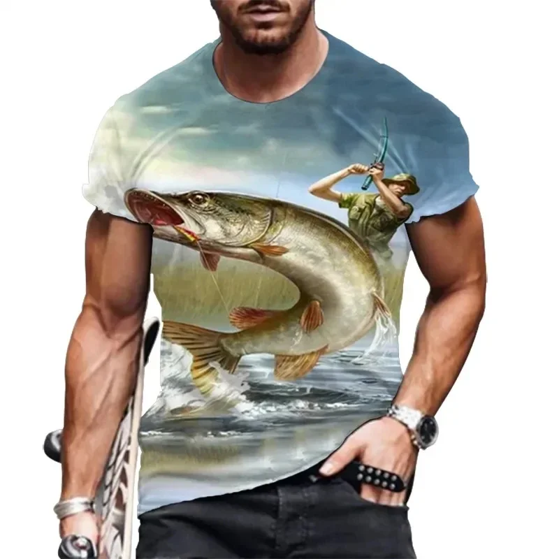 T-shirt Da Pesca in Mare Da Uomo Di Moda Oversize Traspirante Casual Manica Corta 3D Fish Print Pullover Da Uomo Di Grandi