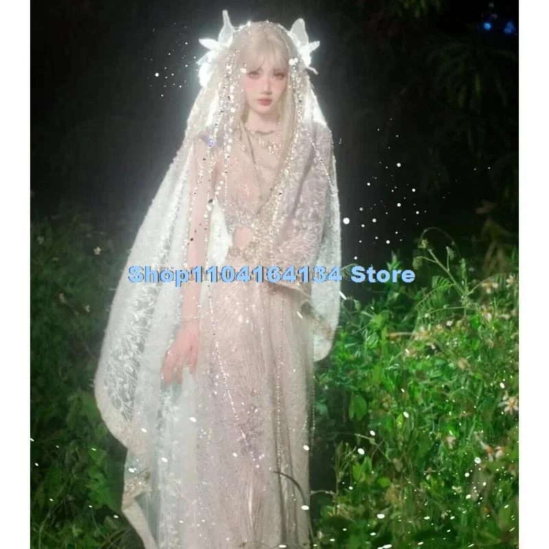 Halloween Cosplay Forest Elf Flower Play Costume for Women Clothes White Winged Dress Anime Stage Performence Show Garment