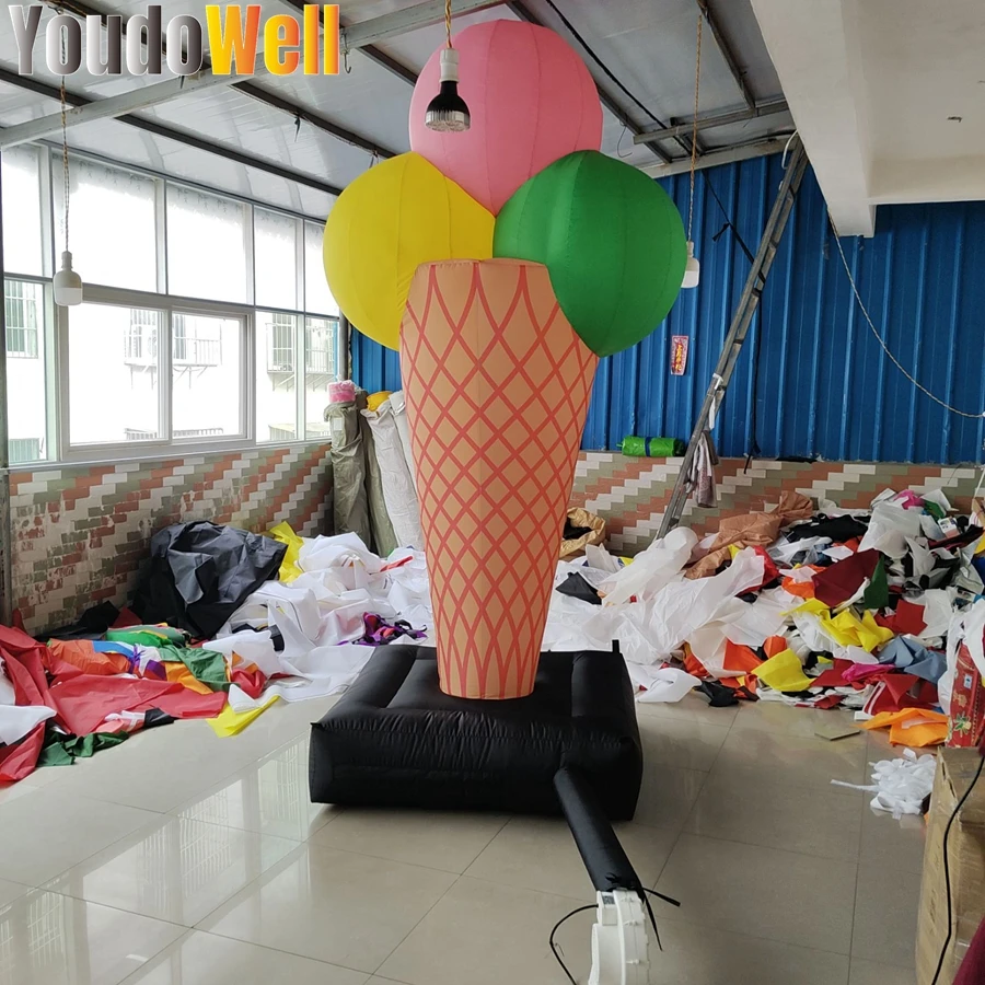 Modelo inflable de cono de helado de tres bolas para tienda de postres, promoción publicitaria de tienda de helados