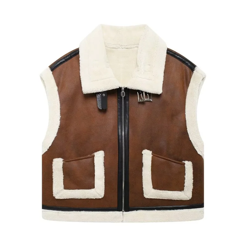 Warm Undershirt Retro Thickened Pockets Zipper Tank Women's Winter New Collar Faux Fur One-piece Style Vest Tops