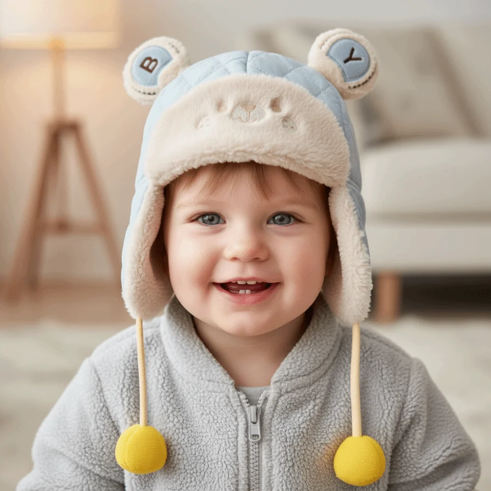 

Solid Color Windproof Cartoon Bear Baby Hat Thicken Earmuffs Toddler Cap Adjustable Ear Protection Trendy Baby Beanie Cap Gifts