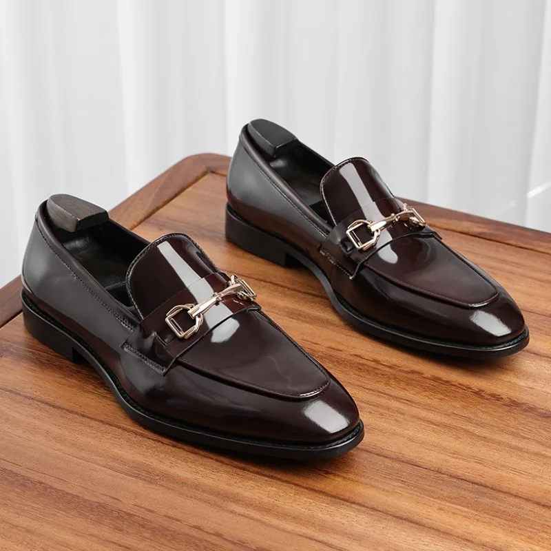 

British Style Men Loafers Black Patent Leather Slip On Dress Shoes for Business Wedding Casual
