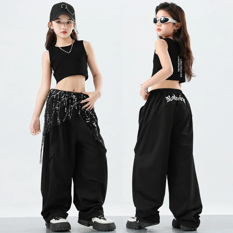 

Jazz Outfit Street Dance Costume Girls Black Tank Top Shuffle Pants Hip Hop Trousers Training Dancewear Urban Dance Clothes