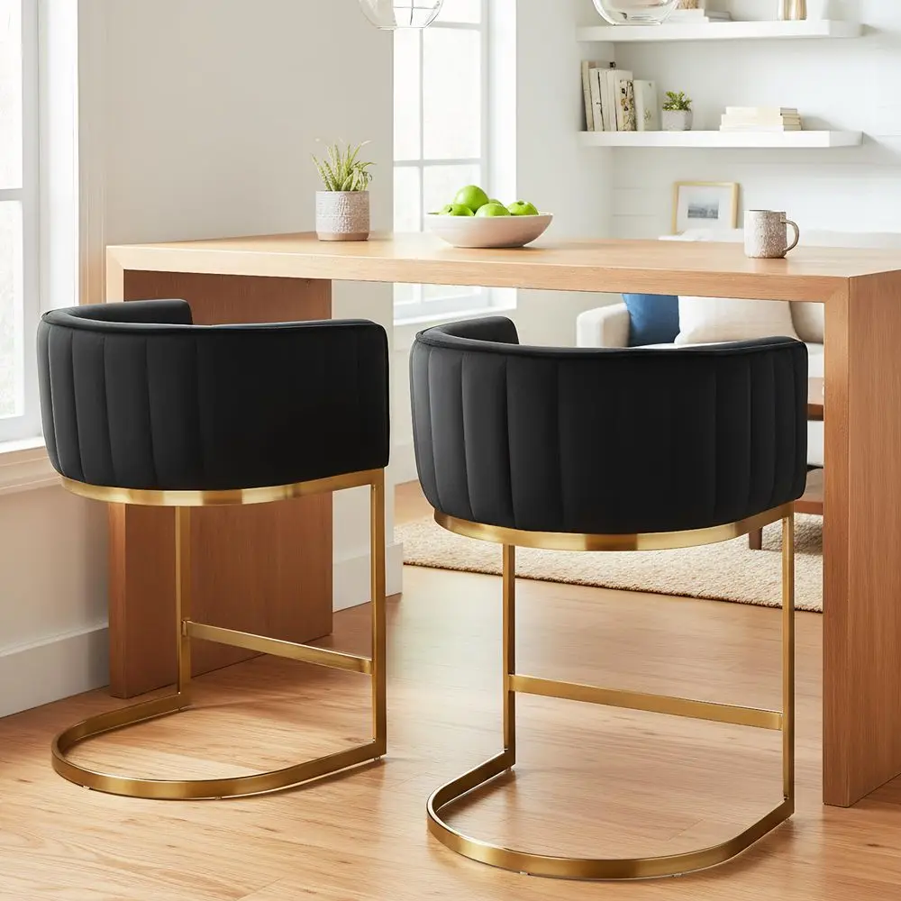 

Modern Counter Height Bar Stools Set of 2 for Kitchen Island Velvet holstered Barrel Stool Chair with Arm and Golden Metal Le