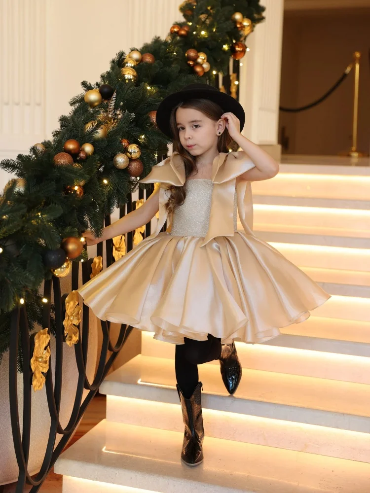 Custom Flower Girl Dress,Sleeveless Lapel Cape Layered Satin Short For Kids Christmas Party Holiday Birthday Occasion Photoshoot