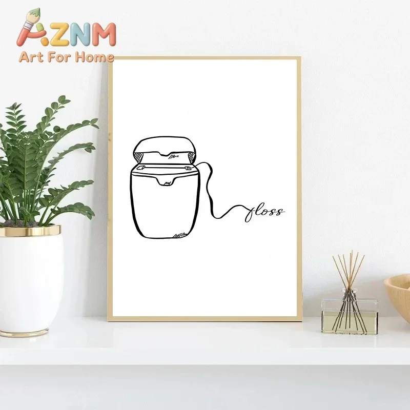 AZNM Black White Line Art Dental Care Canvas Wall Art Floss Rinse Polish Sketch Print Minimalist Bathroom Decor Unframed Paintin