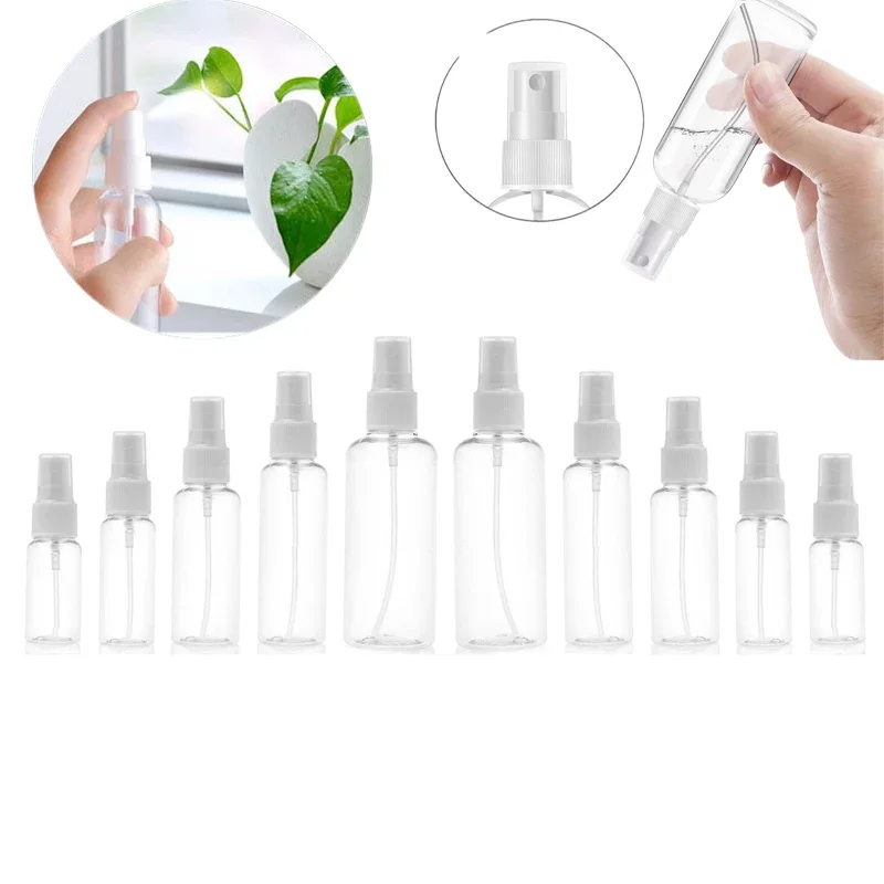 Botellas de plástico PET transparente con pulverizador, envases rellenables de viaje de niebla fina para Cosméticos líquidos y agua, 100 piezas, 10/20/30/50/100ml