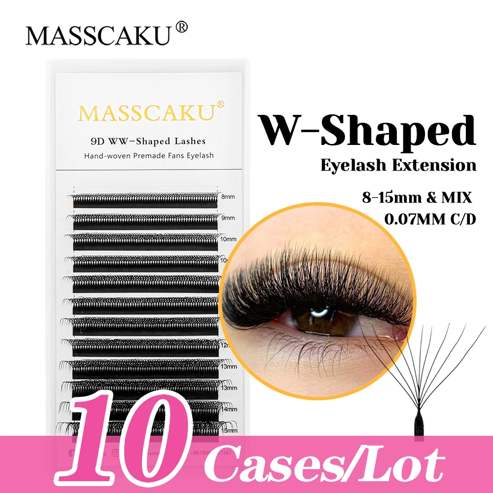 

12 Rows MASSCAKU 10cases/lot Wispy W Shaped Premade Volume Fans Lash Fast Grafting Premium Velvet Fiber W Design Eyelash Trays