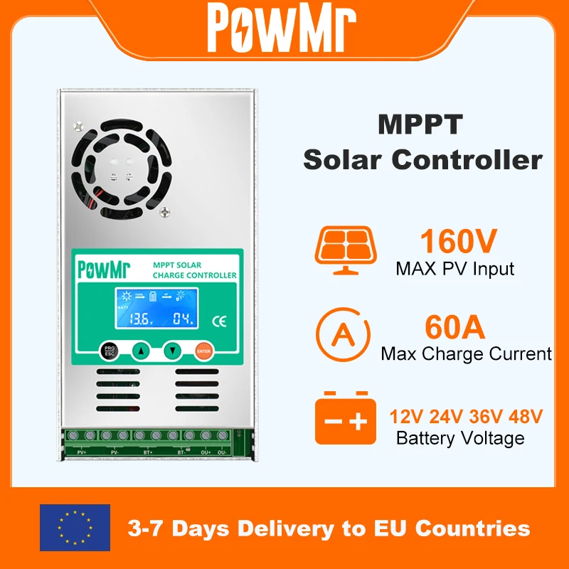 PowMr MPPT 60A Solar Laderegler Solar Panel Regler 12V 24V 36V 48V Auto Max PV 160VDC Für Blei Säure Lithium Batterie