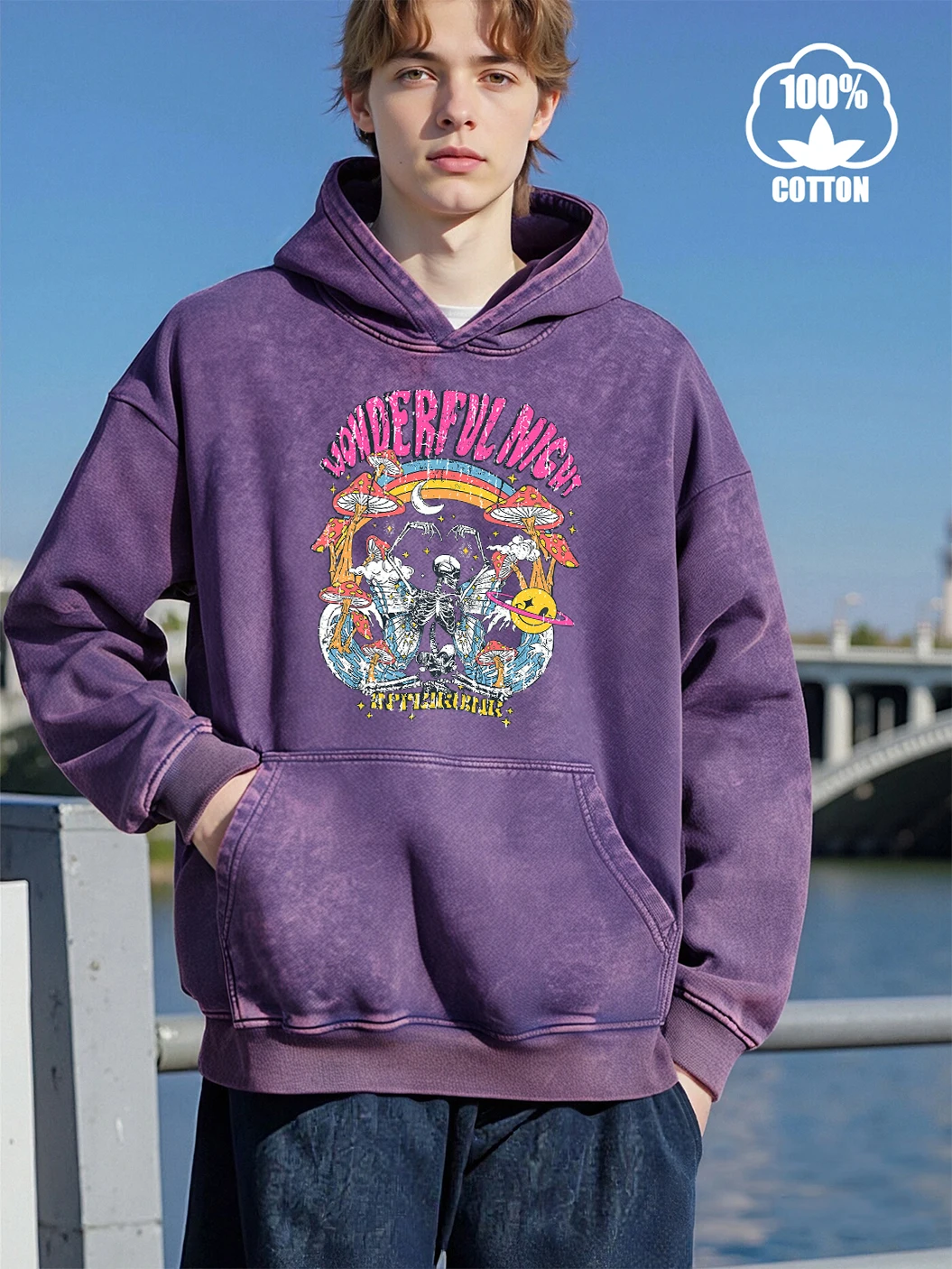 Wonderful Night Happy Skeleton Print Men Autumn Sweatshirt Warm Cotton Hoodie Fashion Loose Streetwear Hip Hop Soft Clothes