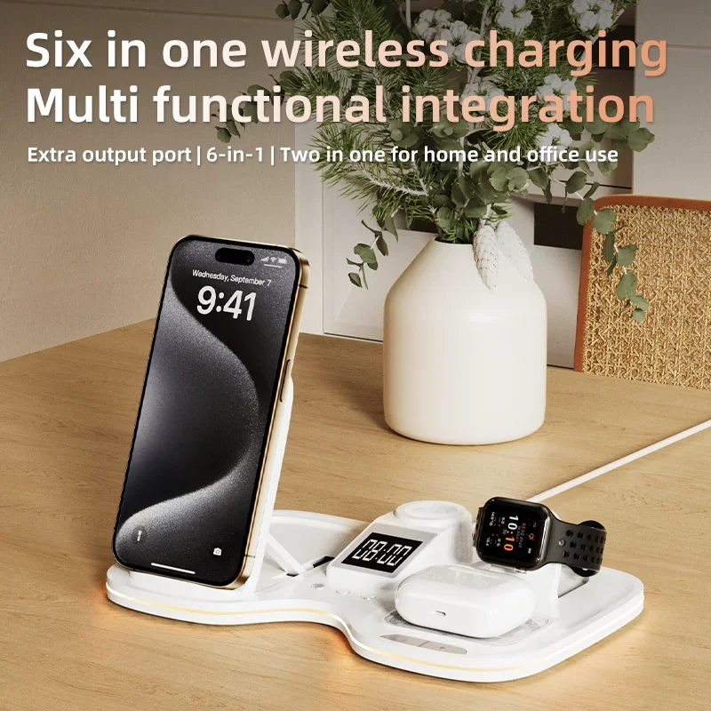 

5 in 1 Multifunctional Alarm Clock Wireless Charger Pad Stand Phone Fast Charging Station for iPhone 30W Station charge T60