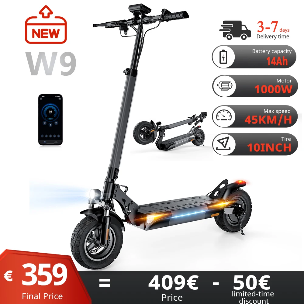 Scooter eléctrico todoterreno W9 de 10 pulgadas, motor trasero de 1000W, batería de 48V14Ah, 4 modos de velocidad, hasta 45 km/h, frenos potentes, aplicación inteligente.