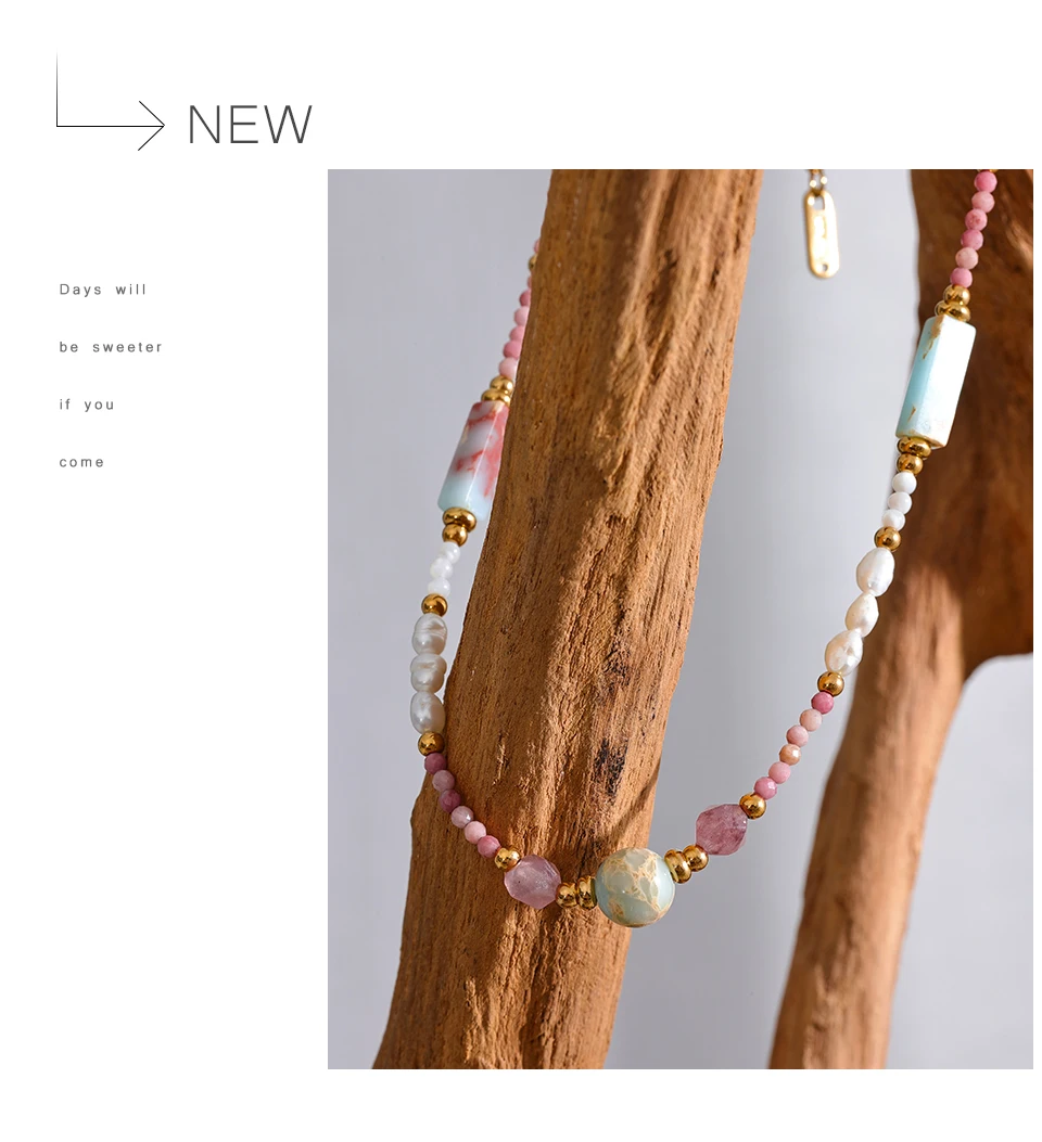 Yhpup Naturstein Süßwasser perlen Rhodochrosit Perlen Kette trend ige handgemachte Halskette goldenen Sommer Edelstahl Schmuck – Detail 7