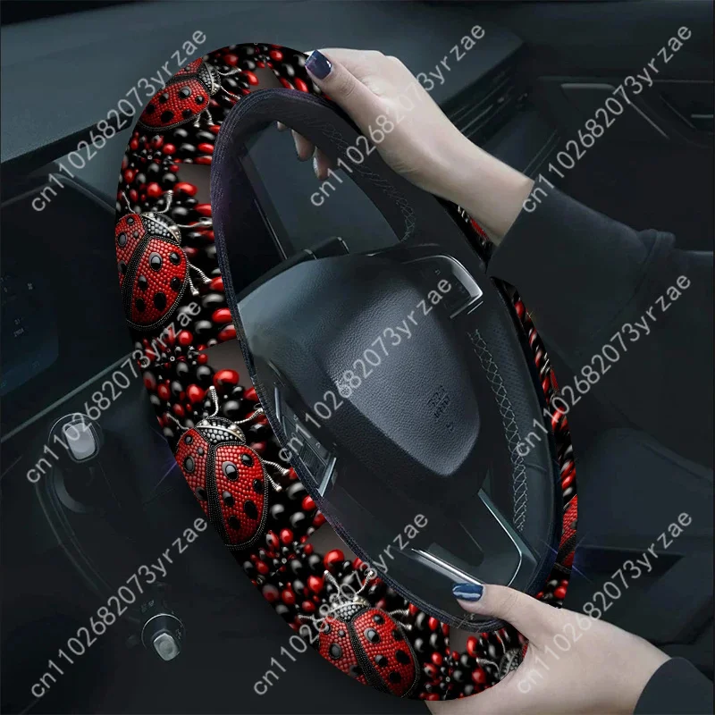 

Red Black Beaded Ladybug Car Steering Wheels Cover Universal Type Environmental Friendly Comfortablenon-slip Steering Wheel Wrap
