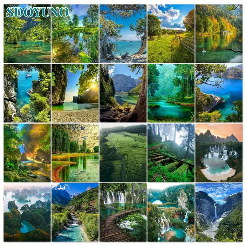 SDOYUNO Oil Painting By Numbers Spring Landscape Drawing Canvas Forest And River Picture For Adults Home Decoration Diy Gift