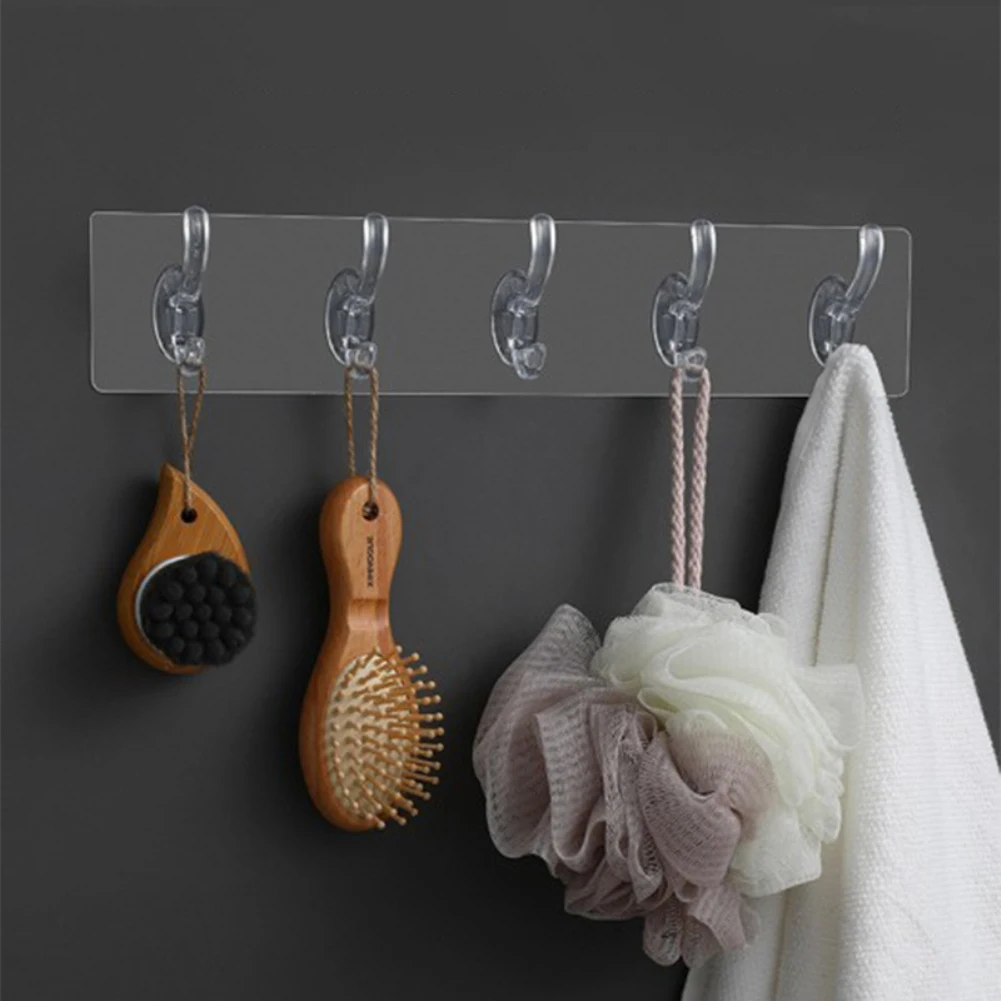 Transparent Stro Adhesive Coat Rack Wall Mounted 3/5/6 Standard Hooks Wall Coat Rack Hangers For Bathroom Kitchen Closet Sticke