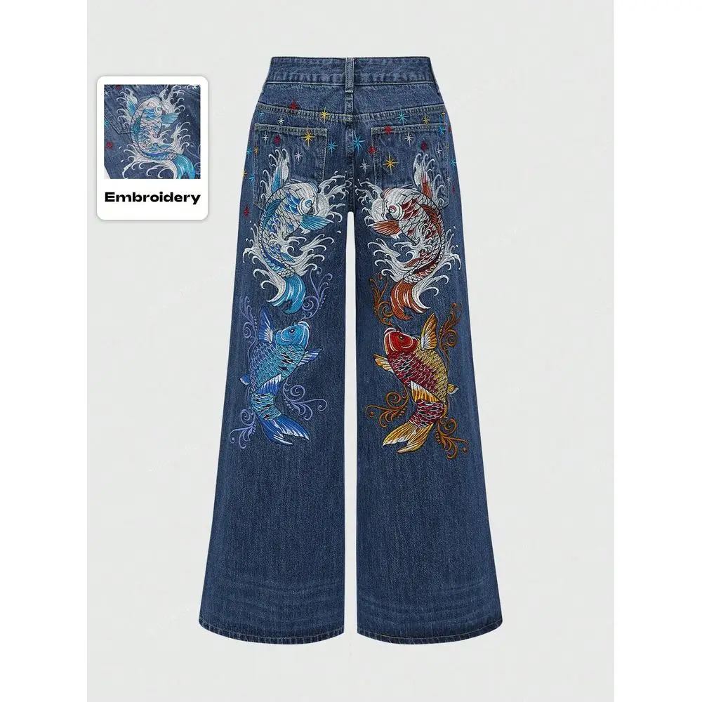 

JFashion Unisex Retro Hip Hop Subculture Carp Floral Embroidery Loose WideLeg Jeans