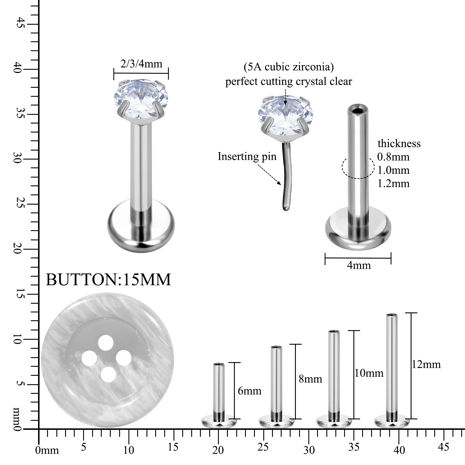 50/100 Stück ASTM F136 Titan Labret Piercing 16G Flatback CZ Ohr-Lippen-Piercing Knorpel Tragus Ohrring Zungenpiercing Körperschmuck – Detail 2
