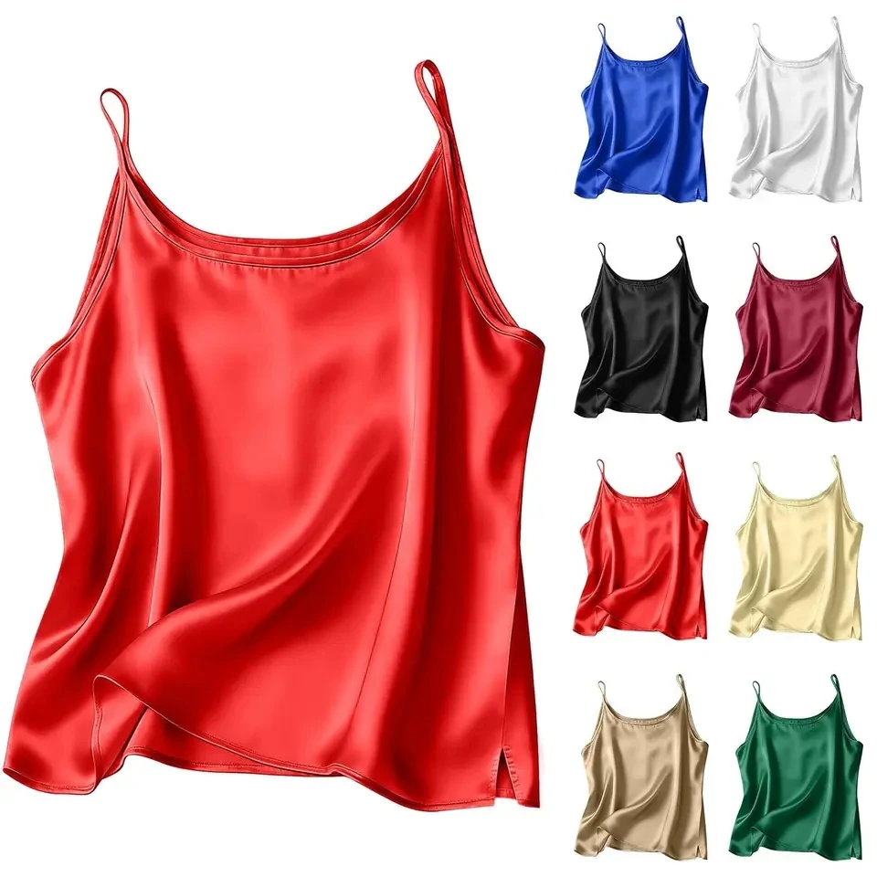 

Women Sexy Spaghetti Strap Satin Camisole Summer Solid Color Tank Tops Elegant Comfortable And Soft Sleeveless Vest Camis