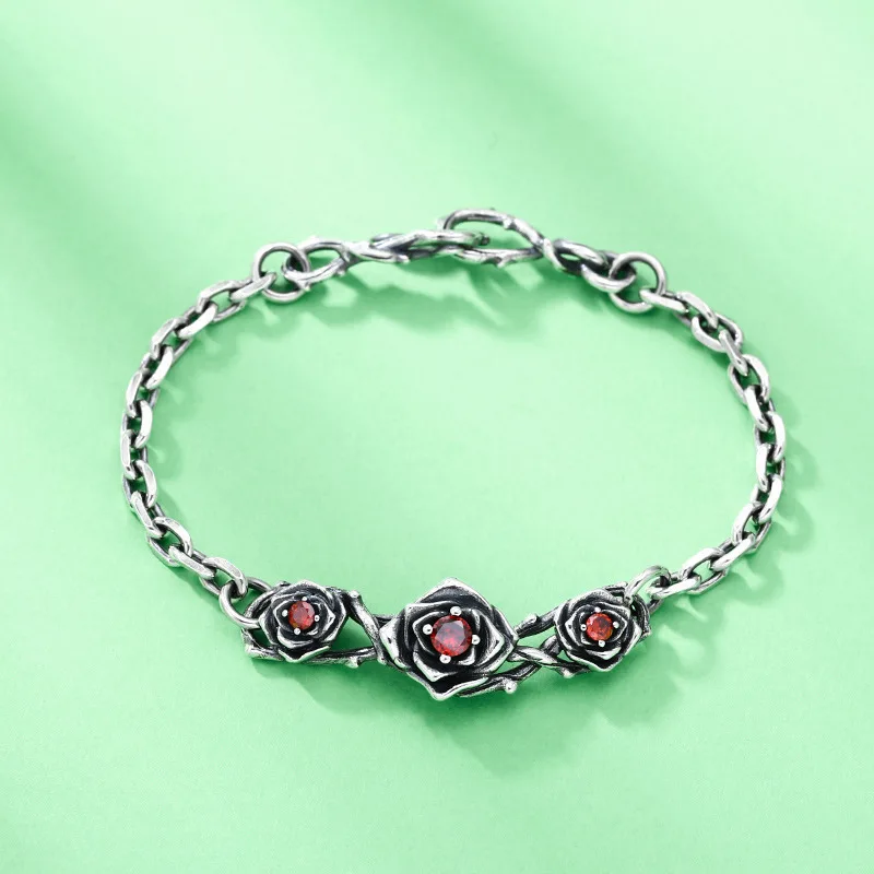 

S925 sterling silver casual popular k-style women's inlaid gemstone rose bracelet trendy jewelry