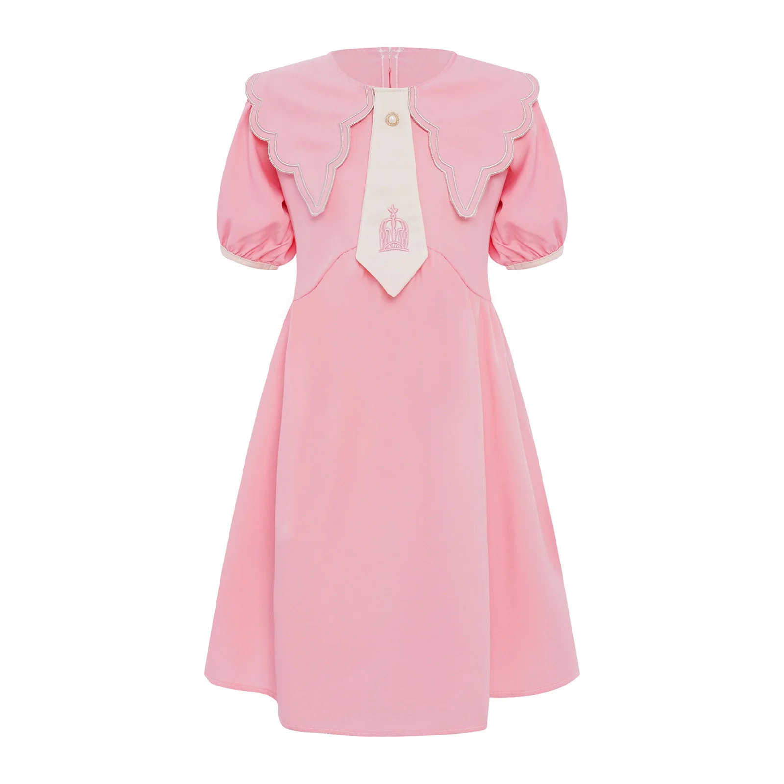 

Kids Girls Dress School Uniform Elegant Cute Turn-Down Collar Tie Short Sleeves Belted Dress for School Holiday Birthday Party