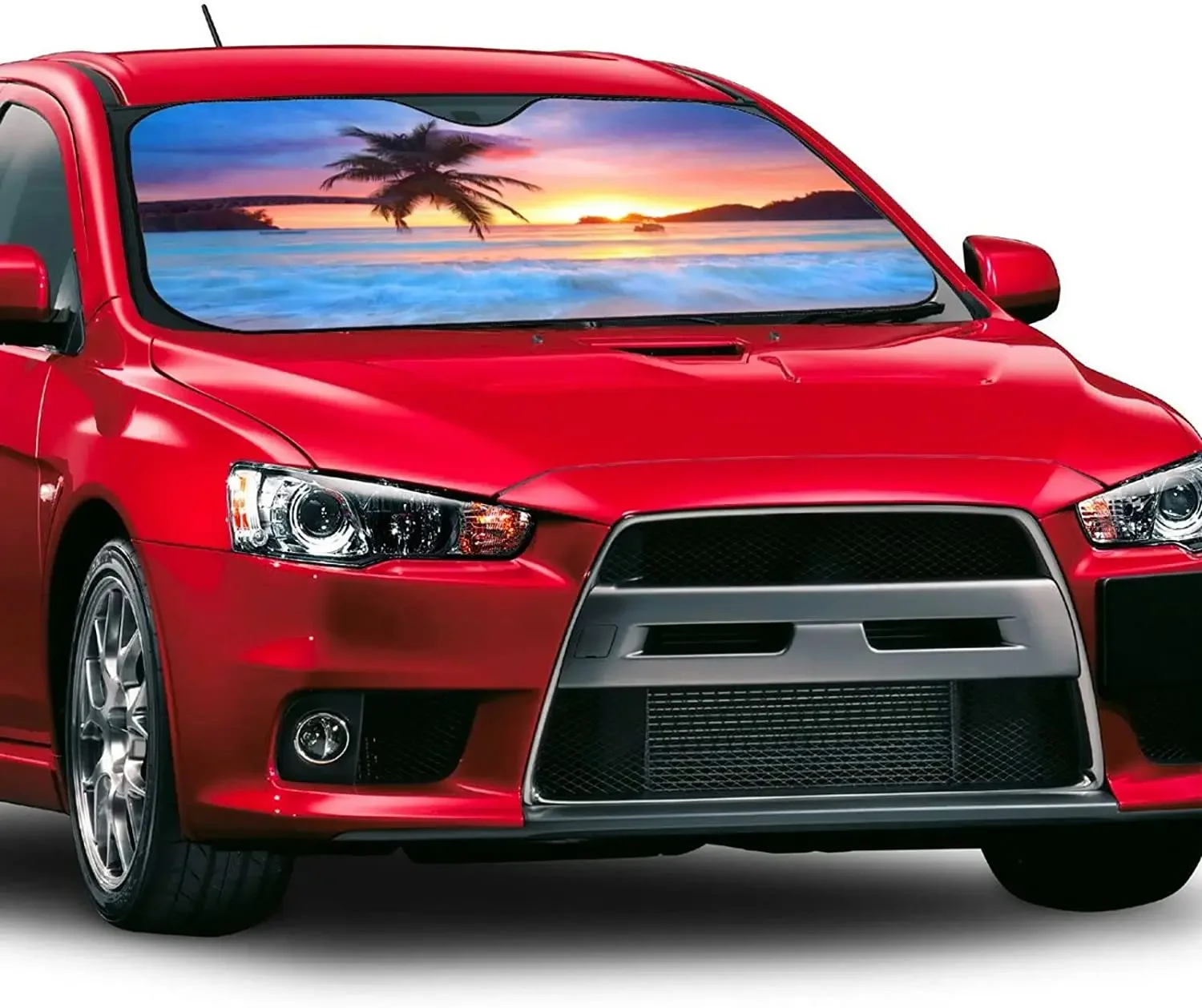 Ocean Tropical Palm Tree Island Hawaiian Sunset Sea Waves Front Windshield Sun Shade Accordion Folding Auto Sunshade for Car Tru