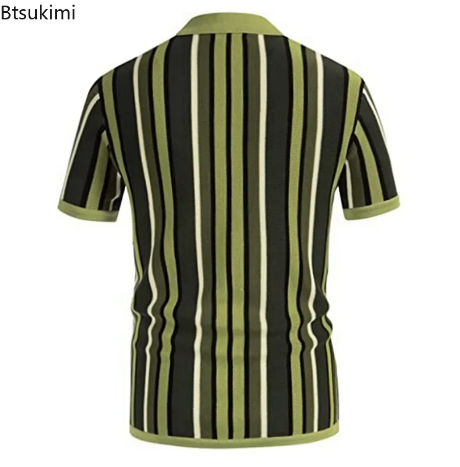 2024 Men\'s Summer Casual Knitted Shirts British Retro Stripe Patchwork Knitted Short Sleeve Jacquard Business Polo Shirt Male