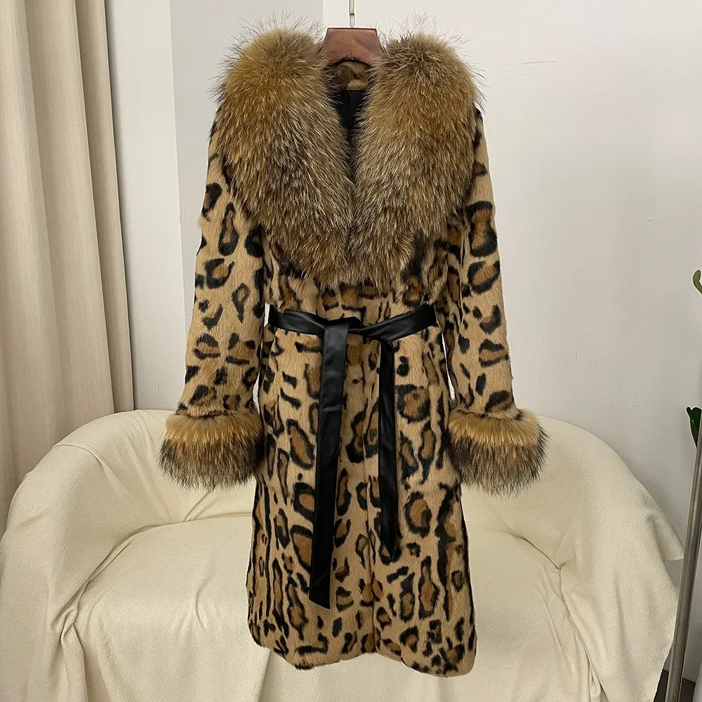 2024 autunno/inverno stampa leopardata vera pelliccia di coniglio cappotto di pelliccia di volpe di media lunghezza da donna abito di pelliccia