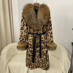 2024 autunno/inverno stampa leopardata vera pelliccia di coniglio cappotto di pelliccia di volpe di media lunghezza da donna abito di pelliccia addensato per stare al caldo