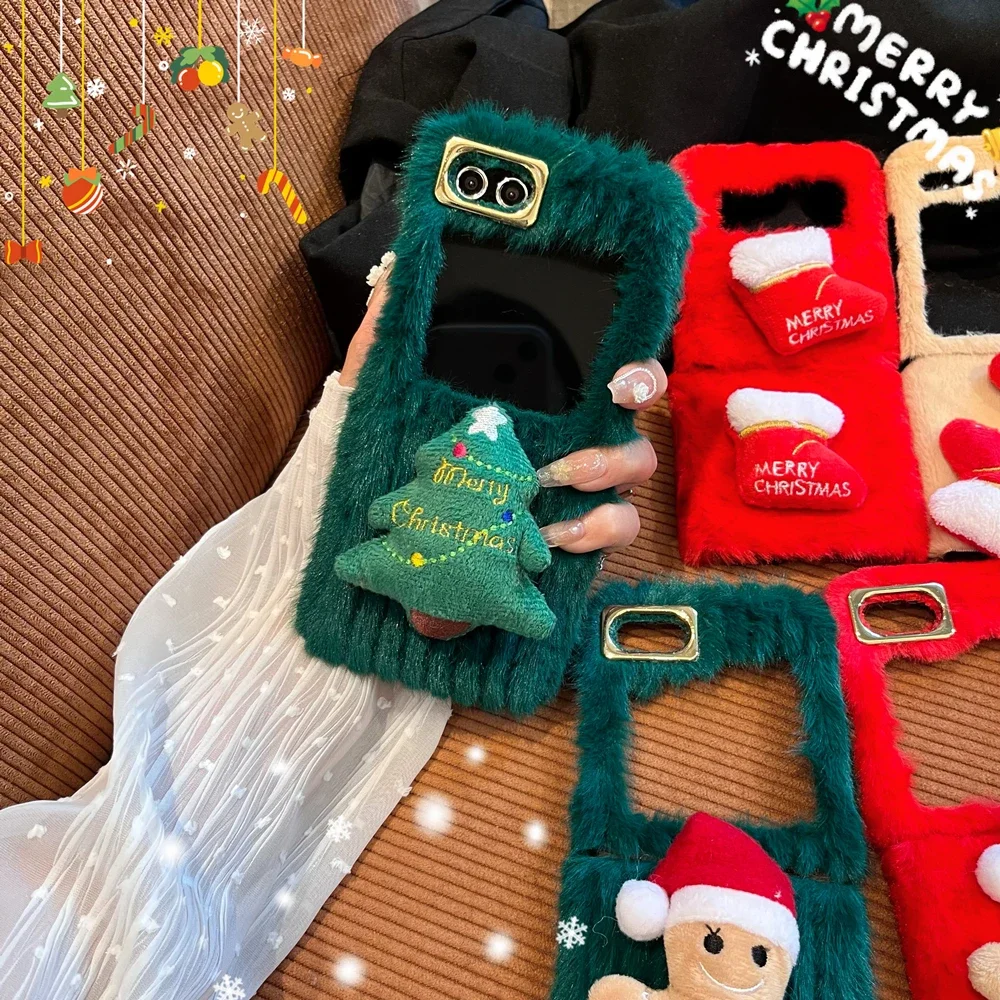 Christmas Tree Socks Cute Plush Phone Case For Samsung Galaxy Z Flip 5 4 3 Flip4 Flip3 5G Xmas Furry Protection Silicone Cases