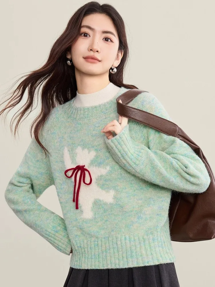 

SENTUBILA женские свитера мятно-зеленого цвета с круглым вырезом, свободные свитера 2021, осенне-зимние повседневные топы с бантом W53EE3423