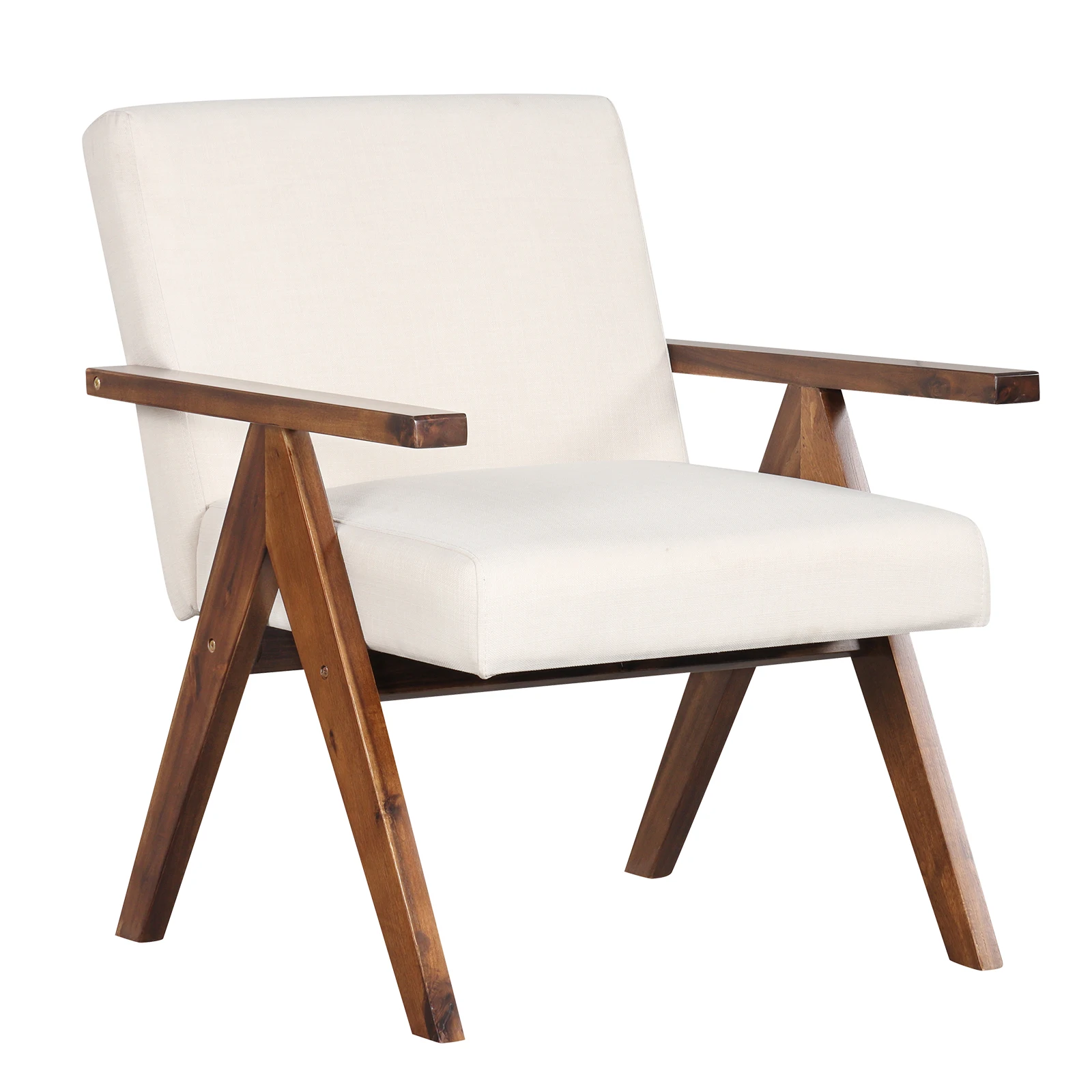 Modern Accent Chair Linen Fabric Armchair w/ Solid Acacia Wood Frame Beige