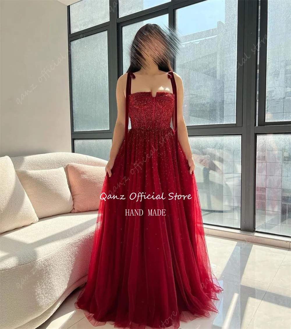 Qanz Burgundy Tulle Evening Dresses Abendkleider Dubai Bow Straps Sequined Long Formal Dresses For Women Party Dresse Customized