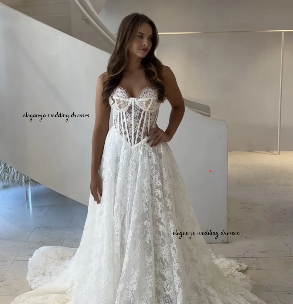 Customized White Lace Flower Strapless Wedding Dress Pleats Cut-Out A-Line Long Train Evening Dress Vestido de novia 2025