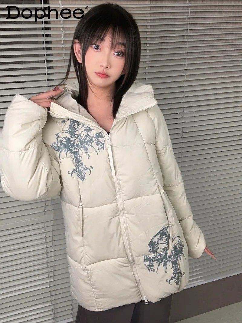 

Зимняя хлопковая куртка в стиле Y2K, японская, оригинальная, утепленная, свободного кроя, повседневная, на молнии, с капюшоном