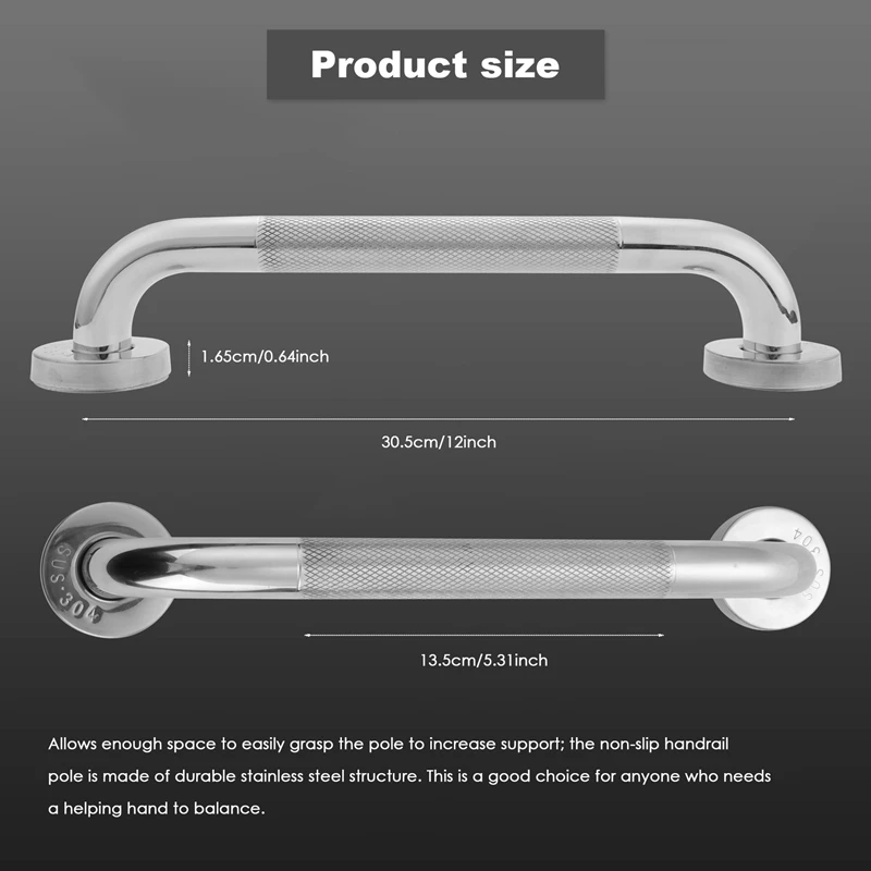 12-Inch Non-Slip Shower Grab Bar Chrome-Plated Stainless Steel Bathroom Grab Bar With Textured Handle