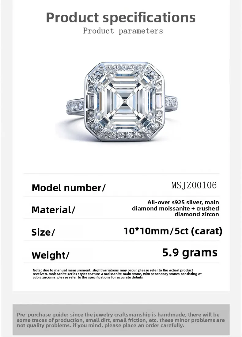 S925 الروديوم مطلي الفضة 5CT D اللون Asscher قطع مويسانيتي 10x10 مللي متر السكر مكعب الدائري للنساء ، مجوهرات رائعة