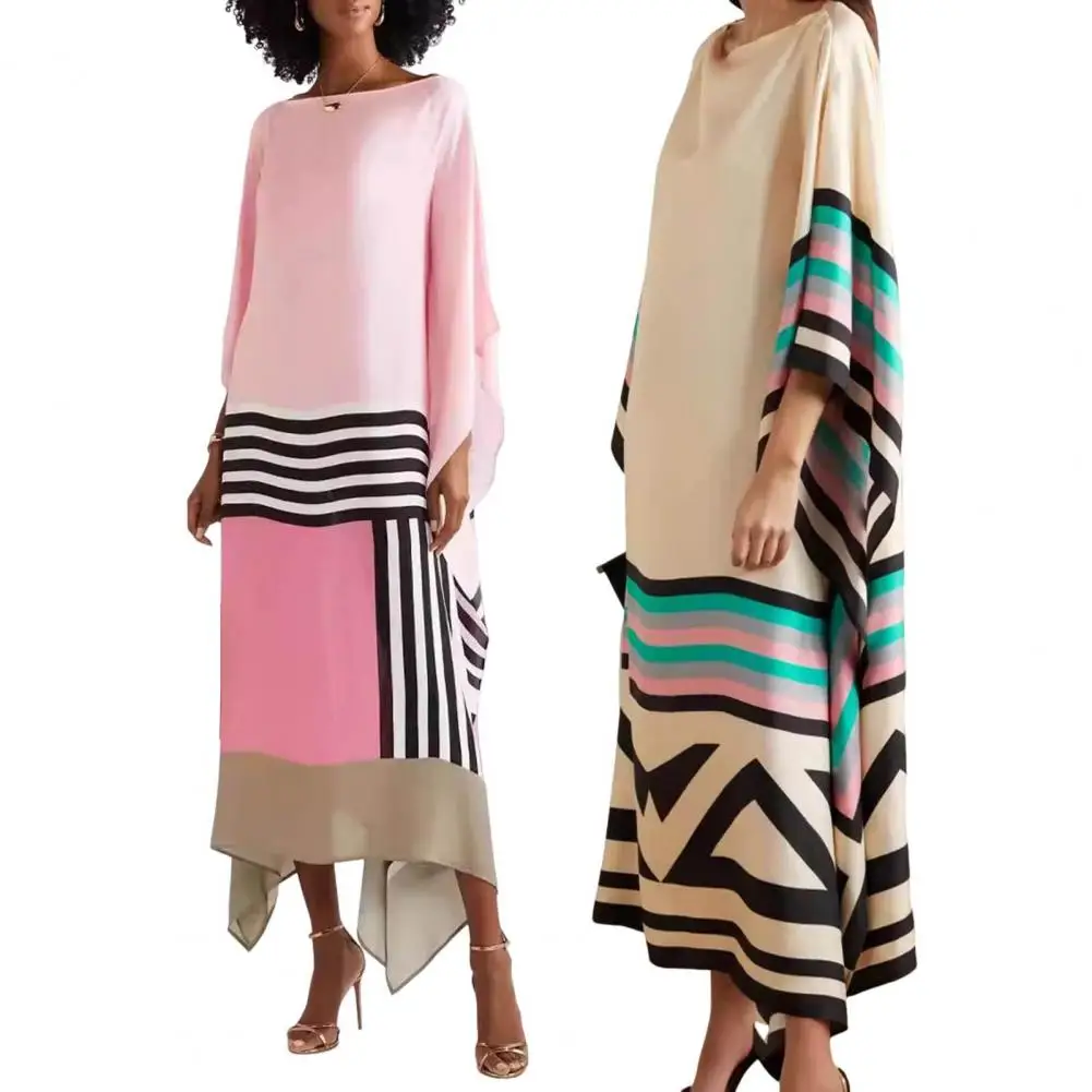 Женское платье макси Элегантное полосатое платье макси с вырезом лодочкой неровный подол для женщин Стильное платье для выпускного вечера с длинными рукавами