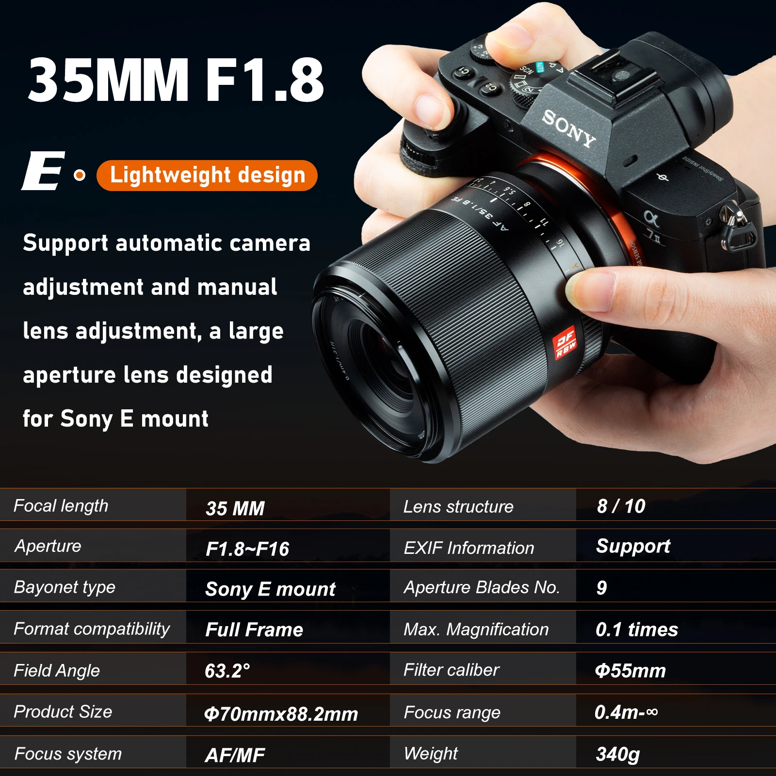 VILTROX เลนส์ F1.8เต็มเฟรม35มม. โฟกัสอัตโนมัติเลนส์ถ่ายภาพบุคคลรูรับแสงขนาดใหญ่ที่สำคัญสำหรับ Sony FE Mount SONY เลนส์กล้องถ่ายรูป A7III