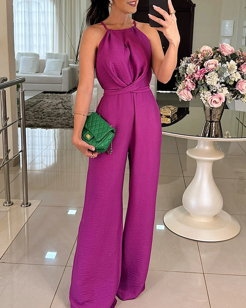 

2025 Summer Halter Sleeveless Lace-up Jumpsuit Casual Waist Ruched Loose Fit Romper