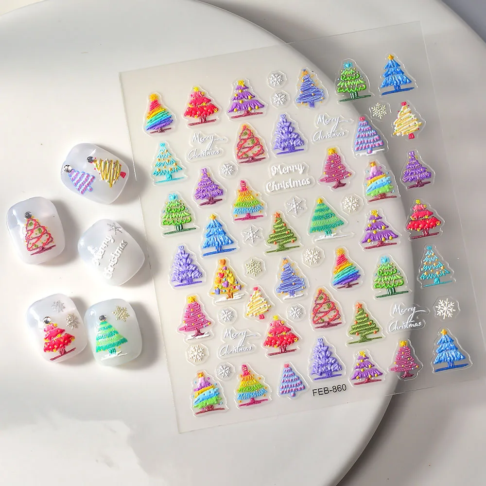 Christmas Tree Nail Sticker Self Adhesive Relief Embossed Xmas Nail Decal Slider Holiday Decoration FEB-860