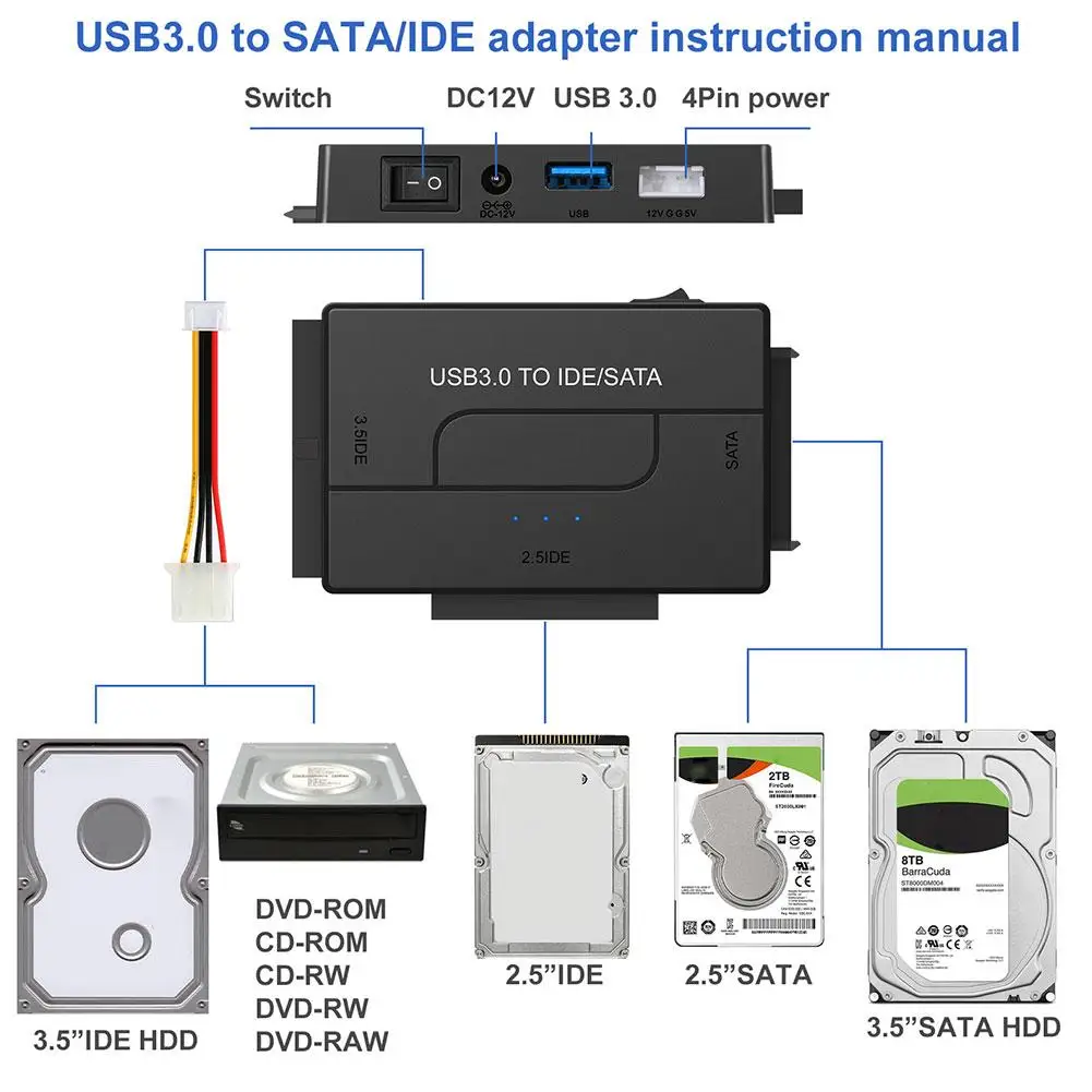 하이 퀄리티 SATA/IDE to USB 3.0 어댑터 이지 드라이브 케이블 컨버터, 범용 2.5/3.5 HDD 멀티 인터페이스 드라이브 어댑터 F0T3