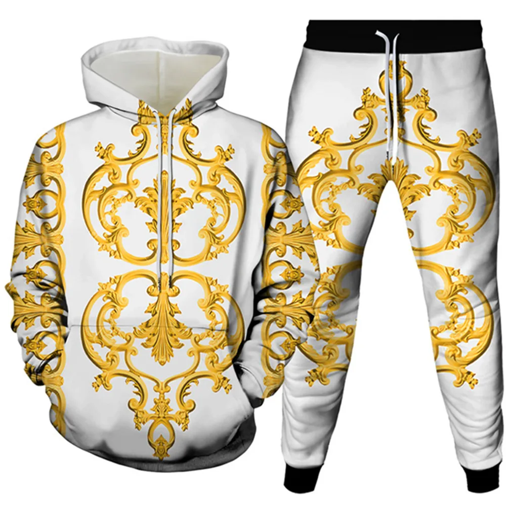 Golden Flowers Male Casual 3D Printed Clothes Sets Luxury Royal Harajuku Autumn Women Hoodies+Trousers 2Pcs Tracksuit Size S-6X