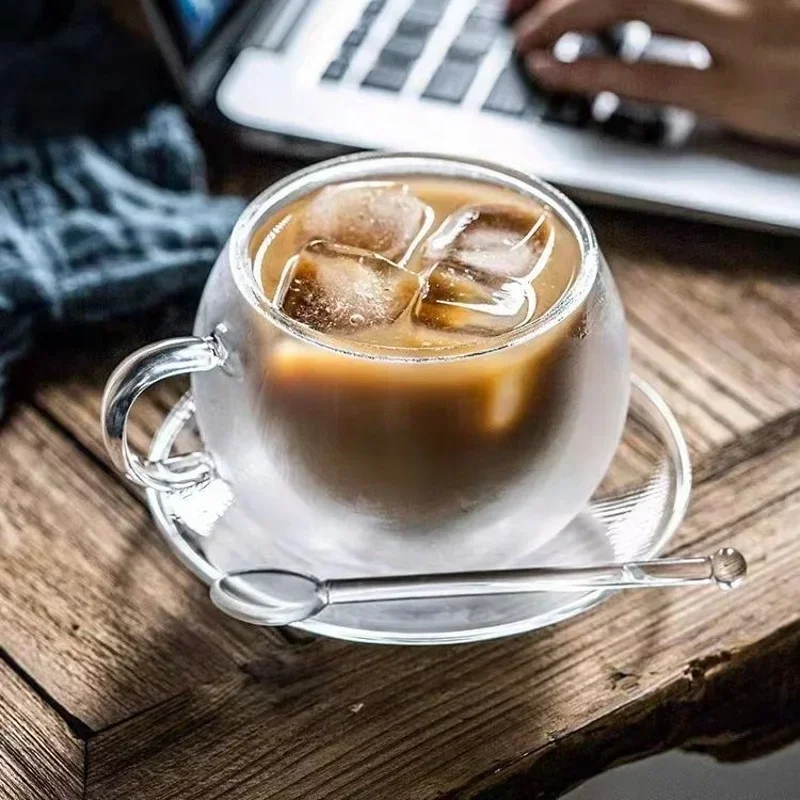 150/300ml Double Wall Glass Coffee Mug with Saucers and Spoon Heat Resistant Espresso Cups Transparent Heat-resistant Drinkware